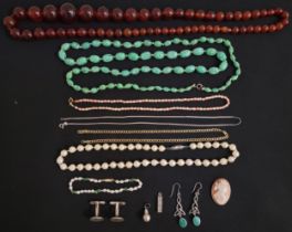 GOOD SELECTION OF JEWELLERY comprising an amber bead necklace, mottled green glass bead necklace,