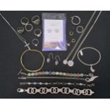 GOOD SELECTION OF SILVER JEWELLERY including a faceted glass set bracelet, a heavy link bracelet (