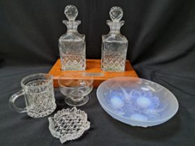 MIXED LOT OF GLASSWARE including a pair of presentation decanters on a mahogany plinth, chemist