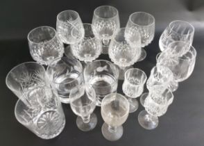 MIXED LOT OF GLASSWARE including nine brandy balloons, thirteen whisky tumblers and twelve port/