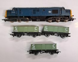HORNBY LOCOMOTIVE AND THREE COAL WAGONS comprising a locomotive class 37 37073 BR blue livery; and