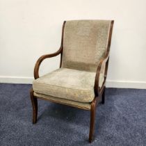 GEORGE III STYLE MAHOGANY OPEN ARMCHAIR with a padded back and loose seat cushion, standing on