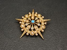 VICTORIAN/EDWARDIAN SEED PEARL AND TURQUOISE STARBURST PENDANT in fifteen carat gold, 3.9cm high and