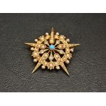 VICTORIAN/EDWARDIAN SEED PEARL AND TURQUOISE STARBURST PENDANT in fifteen carat gold, 3.9cm high and