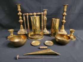 MIXED LOT OF BRASSWARE including a trench art table gong, pair of large ejector candlesticks, pocket