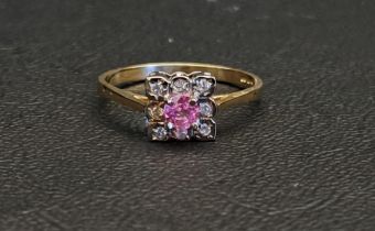 PINK SAPPHIRE AND DIAMOND CLUSTER RING the central round cut sapphire approximately 0.25cts in eight
