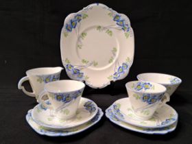 LAWLEY'S OF LONDON ART DECO TEA SET decorated with corn flowers, comprising six cups and saucers,