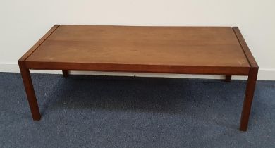 RETRO WALNUT OCCASIONAL TABLE with a rectangular top, standing on plain supports, 45.5cm x 137.5cm x