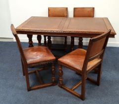 18th CENTURY STYLE OAK DINING TABLE AND FOUR CHAIRS the table with a panelled pull apart top and