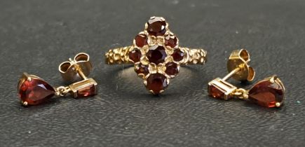 GARNET CLUTER RING AND A PAIR OF GARNET EARRINGS the cluster ring on nine carat gold, ring size M-N;