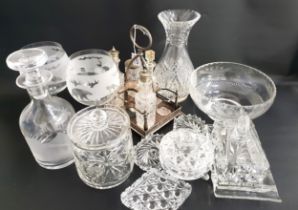 MIXED LOT OF GLASSWARE including a crystal vase, stag etched decanter and two matching glasses,