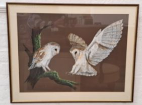 J FERGUSON Barn owls, gouache, signed and dated 1991, 52cm x 71cm