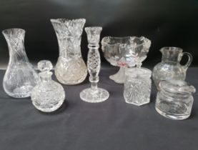MIXED LOT OF CRYSTAL and other glassware including two rose bowls, chamber stick, water jugs, vases,