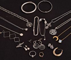 SELECTION OF SILVER JEWELLERY including various pedants on chains, a pearl set pendant, bracelet and