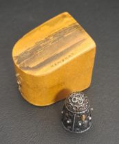 MAUCHLINE WARE THIMBLE BOX with image of Newquay, containing silver thimble
