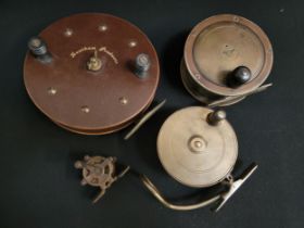 VINTAGE FISHING REELS comprising a Lewtham Scarborough type 7" sea reel, Malloch's of Perth brass