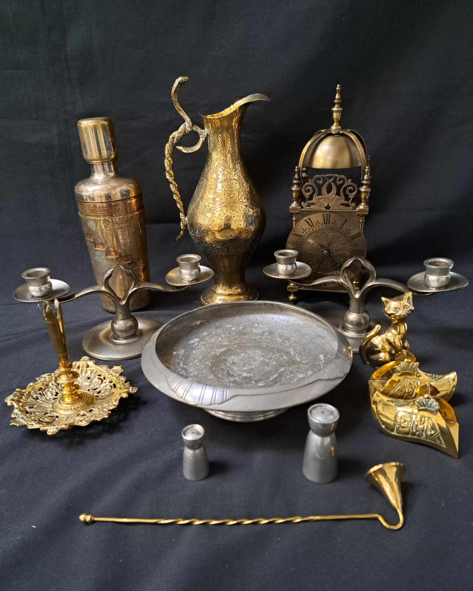 MIXED LOT OF METALWARE including a lantern clock, pewter bowl, pair of candlesticks, candle snuffer,