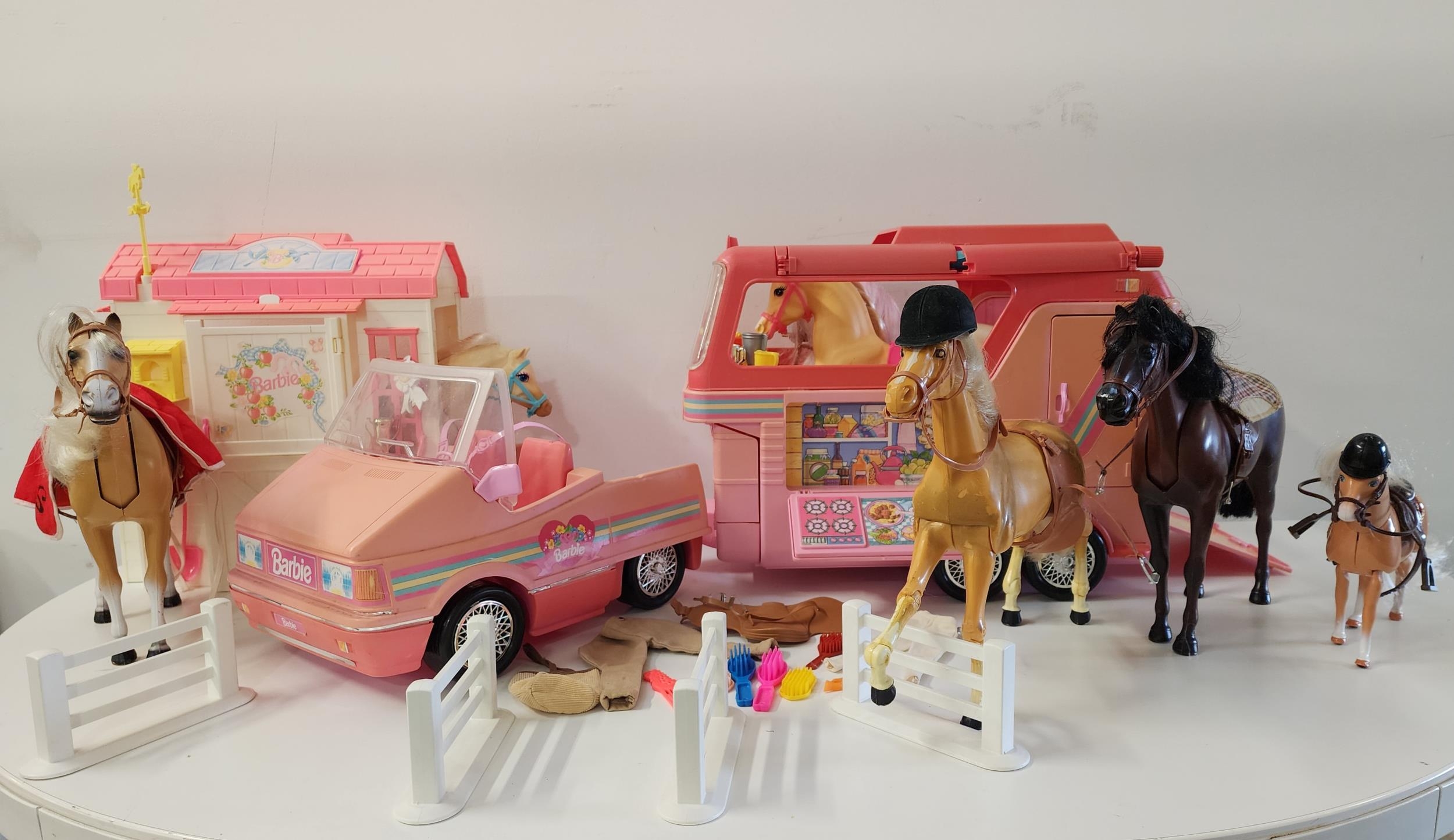 SELECTION OF MATTEL BARBIE HORSES AND HORSE RELATED ACCESSORIES comprising car, with horse box
