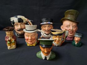 EIGHT CHARACTER JUGS comprising two Royal Doulton - Trapper, 19cm high and Beefeater, 16.5cm high;