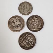 THREE BRITISH SILVER CROWNS dated 1821, 1889, and 1902, total weight approximately 82.9 grams;