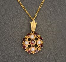 GARNET AND SEED PEARL CLUSTER PENDANT in nine carat gold and on nine carat gold chain, the pendant
