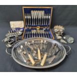MIXED LOT OF SILVER PLATE including an oval tray, toast rack, napkin rings, cased set of twelve fish