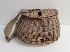 VINTAGE WICKER FISHING CREEL with lift up lid, leather fastening and canvas and leather shoulder