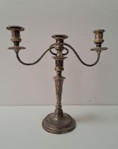 SILVER THREE BRANCH CANDELABRA the fluted scroll arms raised on knopped stem and circular base,