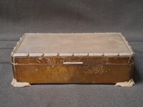 SILVER CIGARETTE CASE with motif decorated rim to the hinged cover and feet, with cedar lined