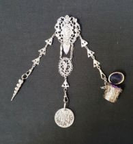 VICTORIAN SILVER CHATELAINE the clip with pierced decoration around a central mask, Birmingham 1887,