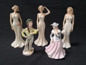 FIVE FIGURINES comprising three SBL elegant ladies, all 25.5cm high, Royal County Amy, 18cm high and