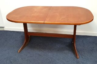 MCINTOSH TEAK D END DINING TABLE with a pull apart top revealing a fold out leaf, standing on shaped