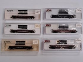 SIX BOXED ATLAS N-GAUGE FLAT CARS comprising 38141 - Cushioned Loan Union Pacific; 3804 - Canadian