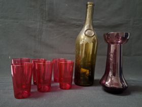 SELECTION OF COLOURED GLASSWARE comprising a green glass wine bottle marked Haut Sauterne Yquem, six