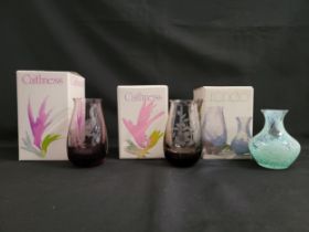 THREE BOXED CAITHNESS VASES including a Rondo bud vase in amethyst and etched with a merry-go-