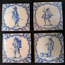 FOUR 18th CENTURY DUTCH DELFT TILES depicting a soldier, merchant, nobleman and traveller, each blue