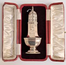 LATE VICTORIAN SILVER SUGAR CASTER with an octagonal baluster body and a pierced pull off lid, in