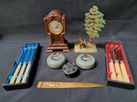 MIXED LOT OF COLLECTABLES comprising a pair of desk ornament curling stones, letter opener, set of