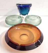 BOHEMIAN GLASS SHAPED BOWL in blue and green encased in clear glass, on an irregular foot, 16cm