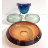 BOHEMIAN GLASS SHAPED BOWL in blue and green encased in clear glass, on an irregular foot, 16cm