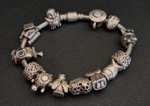 PANDORA MOMENTS SILVER BARREL CLASP SNAKE CHAIN BRACELET complete with eleven Pandora charms