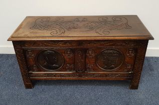 COMMEMORATIVE CARVED OAK COFFER to celebrate the crowning of Queen Elizabeth II, with a lift up