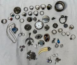 A quantity of silver and white-metal jewllery and accessories including rings, brooches and