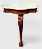 A Victorian walnut console table, with repaired shaped marble top raised on foliate moulded single