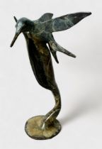 After Michael Storey (b1948), A cast and patinated bronze study of a Hummingbird on a flower stem,