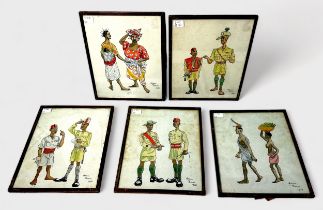 Five framed prints by Adrian Davies, dated 1950, depicting colonial military caricatures, 29.5cm x