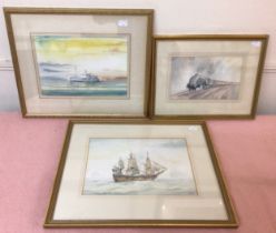 D C Bell (20th century) Three various watercolour studies, two seascapes with ships and one of an