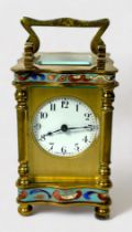 A French Brass and Champlevé Enamel Miniature Carriage Clock, with white enamel dial with Arabic