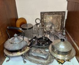 A quantity of silver-plated wares including galleried tray, spirit kettle, condiments etc. (IN