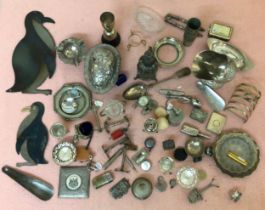 Various silver-plated and white metal items including an easter-egg mould, condiments etc, in two